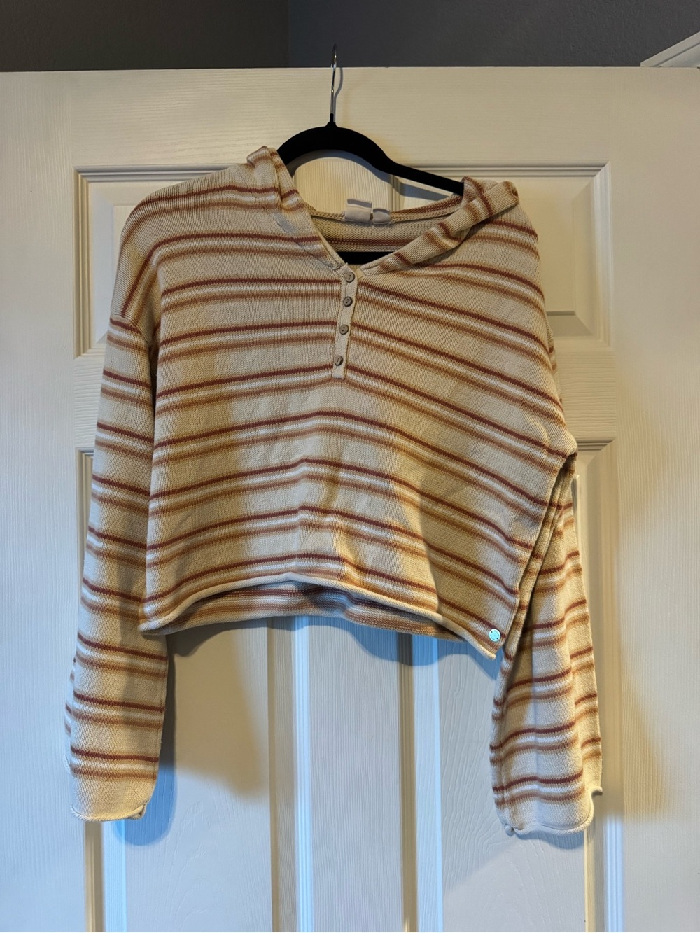 Roxy Striped Cropped Knit Hoodie in Cream and Rust